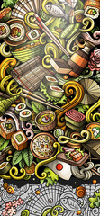 Japanese food hand drawn doodle banner. Cartoon detailed flyer. Japan cuisine identity with objects and symbols.