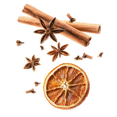 Levitation Of Anise Cinnamon  isolated on a transparent background
