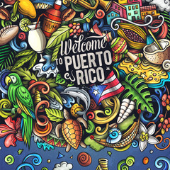 Fototapeta premium Puerto Rico cartoon doodle vector frame illustration. Funny Puerto-Rican whimsical border design. Caribbean tropical elements in a vibrant, playful style