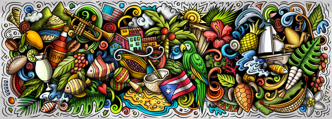Puerto Rico cartoon doodle vector color banner. Funny Puerto-Rican whimsical illustration. Caribbean tropical elements in a vibrant, playful style