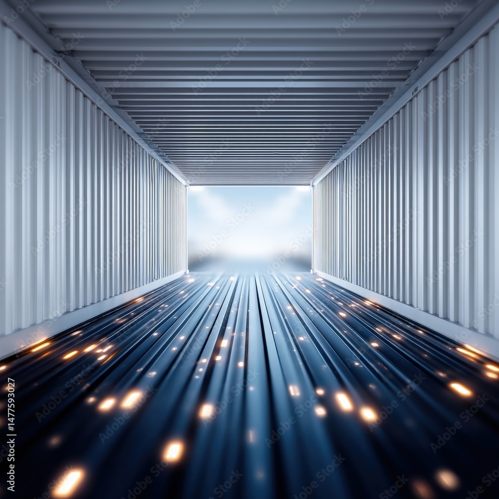Poster a captivating perspective of an empty shipping container interior illuminated by dynamic lighting ef