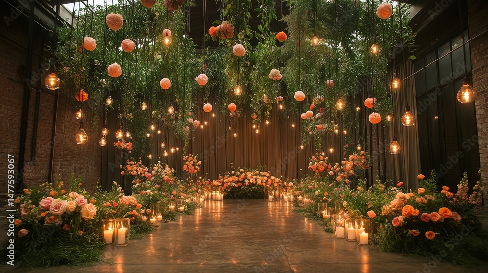 Poster a stunning setup features vibrant floral displays and soft lighting, creating a romantic atmosphere 