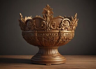 Ornate golden crown, antique wood pedestal, rich detail , crown, object, wooden