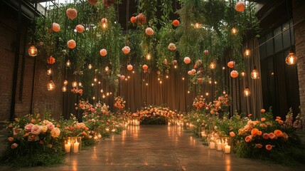 A stunning setup features vibrant floral displays and soft lighting, creating a romantic atmosphere in an industrial venue during the evening, perfect for a special event.