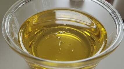 Clear bowl of cooking oil, close up shot.