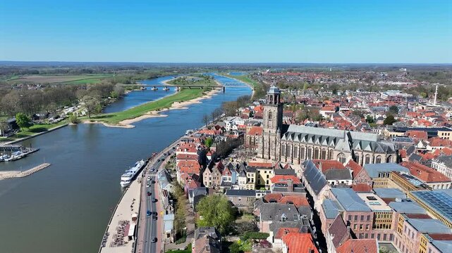 Aerial from the city Deventer at the river IJssel with the Lebinius church in the Netherlands