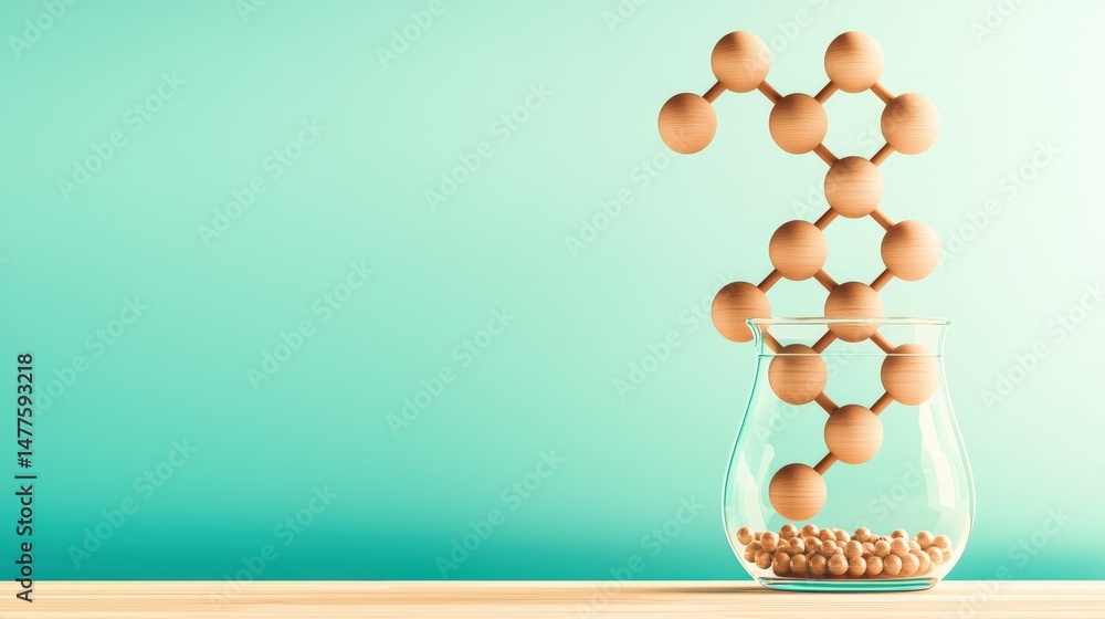 Poster material science nanomaterials concept. 3d molecular model in a glass container on a colorful backgr