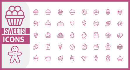 Colorful Sweets Icon Set Featuring Honey Jar, Toffee, Swirl Candy, Birthday Cake, Chocolate Bar, Cake Slice, Cookie, Donut, Brigadeiro, Cotton Candy, Wafer, and Honey in Fun Vector Illustration