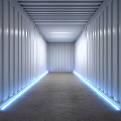 Innovative storage space featuring clean design, bright ambient lighting, and modern aesthetic with lined container walls creating a futuristic backdrop for industrial or architectural concepts