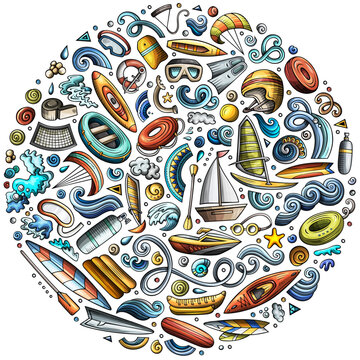 Colorful vector set of Water Sport cartoon doodle objects, symbols and items. Round composition