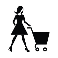Silhouette of a woman with a shopping cart isolated on white perfect for retail shopping designs and branding