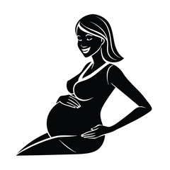 Elegant black and white silhouette illustration of a smiling pregnant woman expecting her baby