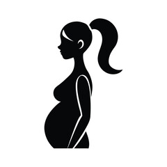 Elegant black and white silhouette illustration of a pregnant woman in profile with a ponytail hairstyle representing pregnancy