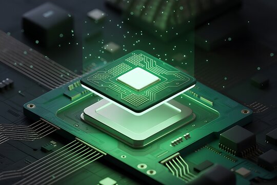 Green glowing CPU on motherboard advanced technology digital future