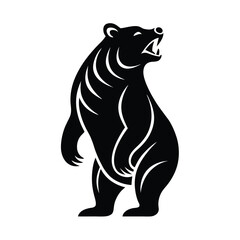 Striking black and white silhouette of a roaring bear standing upright on white background