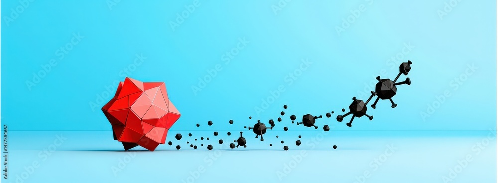 Poster material science nanomaterials concept. abstract red shape dispersing small black figures on a blue 