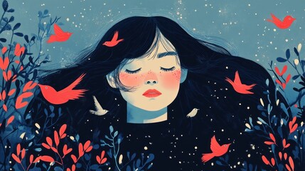 Naklejka premium Peaceful girl surrounded by birds and nature