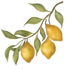 3 lemons on a branch with leaves, botanical watercolor illustration. Hand drawn illustration on white background