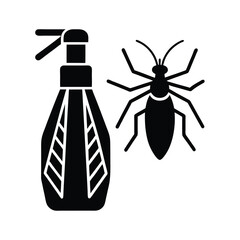 Pest control spray bottle and insect silhouette representation of eradicating pests in homes and gardens.