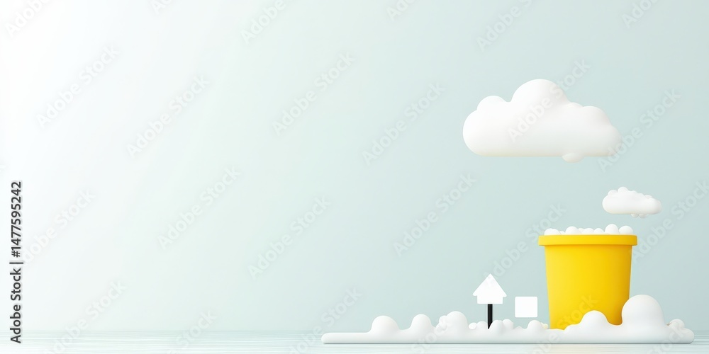 Poster material science nanomaterials concept. bright yellow container with clouds in a simplistic landscap