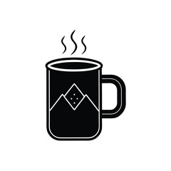Monochrome silhouette of a coffee mug featuring mountain design with rising steam simple vector illustration
