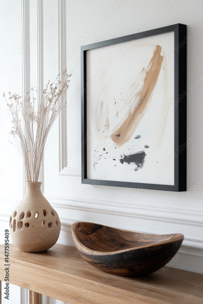 Poster a serene interior scene featuring a minimalist shelf adorned with two elegant vases. a wooden bowl. 