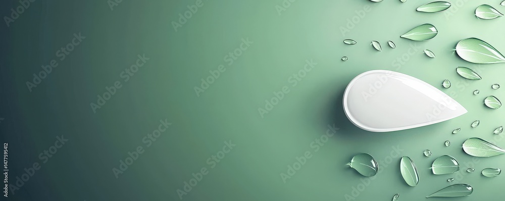 Poster material science nanomaterials concept. minimalist design with a droplet and leaf shapes on a green 