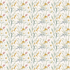 Seamless Watercolor Floral Pattern with White and Yellow Flowers