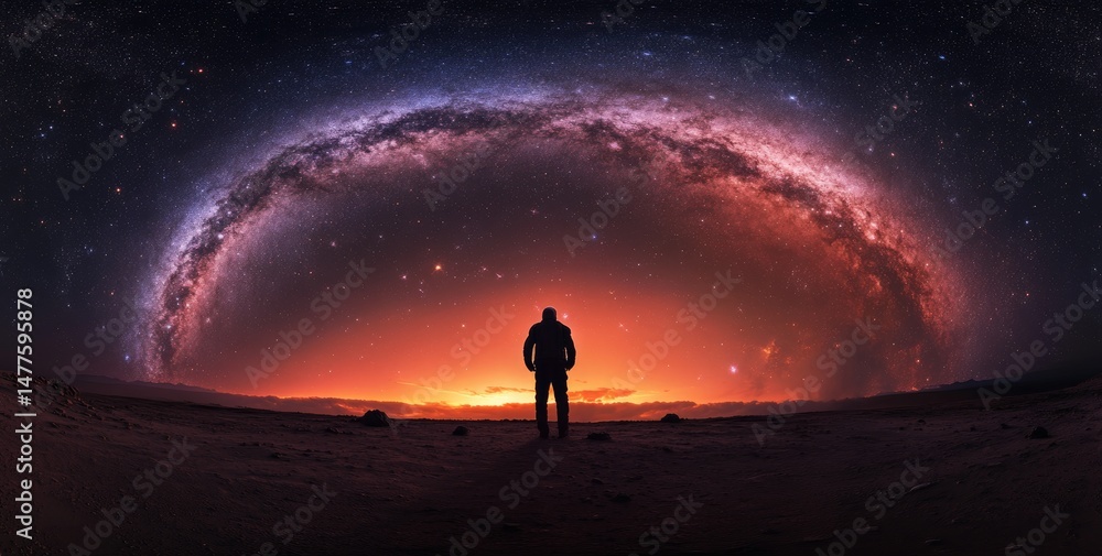Poster an astronaut stands on a lunar surface. gazing up at a star-filled sky. with distant galaxies visibl
