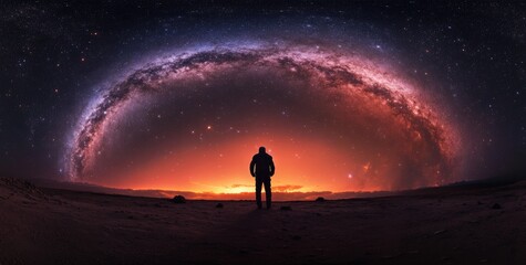 An astronaut stands on a lunar surface. gazing up at a star-filled sky. with distant galaxies visible. evoking a sense of wonder and exploration in a tranquil cosmic setting