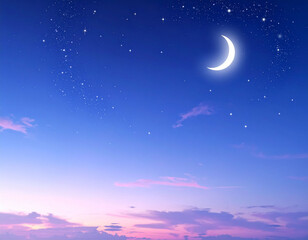 Fototapeta premium the image displays a serene night scene featuring a sky in hues of blue and purple. a bright, crescent form of the moon is centered in the upper portion of the image and serves as a focal point