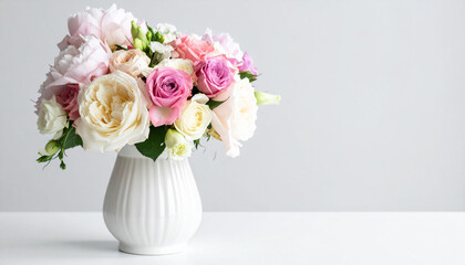 Obraz premium a simple arrangement of blossoms is presented in a plain setting. the flowers, featuring soft shades of white, pink, and light purple, are arranged in a round, plump manner