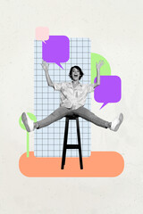 Trendy pop zine image photo art collage of happy girl guy write answer bubble communication speech...