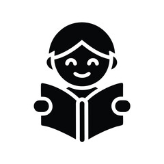 Cheerful silhouette illustration of a child enjoying reading an open book in a simple minimalist design