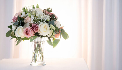 a floral arrangement is centered in a clear glass vase. the flowers are primarily white and pink, with smaller white filler blossoms and greenery