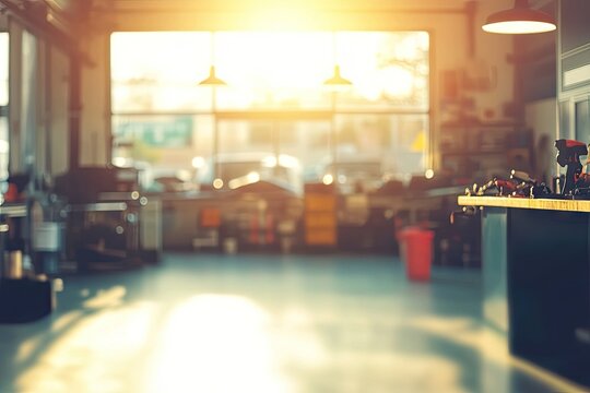 A blurred view of an industrial workshop with sunlight streaming through the open door. showcasing tools and equipment. suggesting a busy work environment