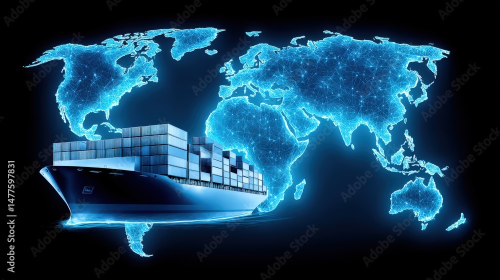 Poster advanced global shipping network showcasing a futuristic container ship navigating the digital ocean