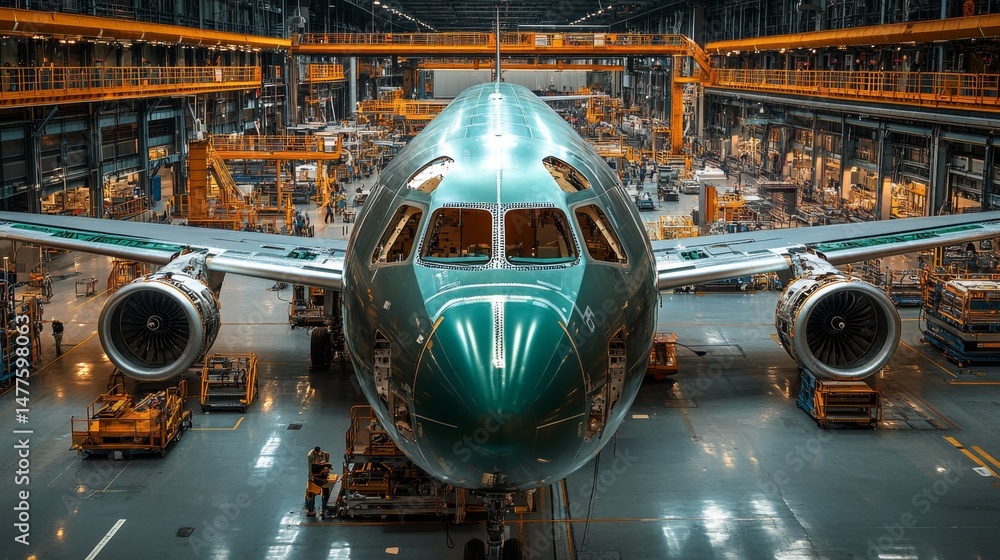 Fototapete a large aircraft is in the middle of assembly in a high tech manufacturing facility, showcasing engi