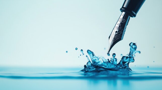 Fountain pen dipping into water, creating a splash