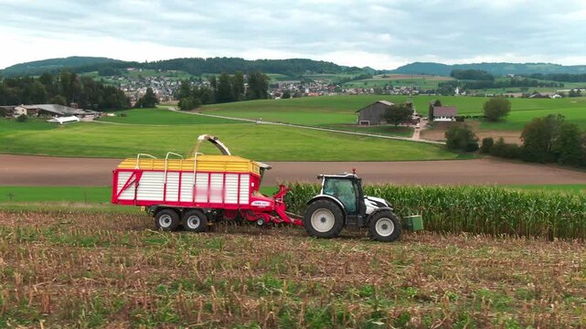 Drone Footage of Corn Harvest with Tractors and Agricultural Machinery &ndash; Aerial View of Modern Farming