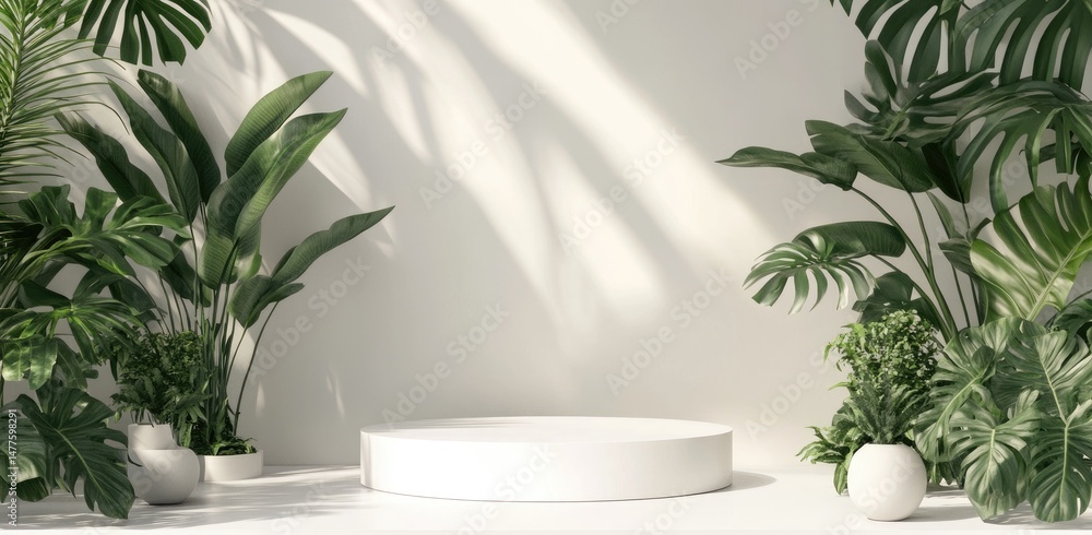 Aufkleber a minimalist display featuring a white rectangular pedestal in a softly lit room with shadows from g