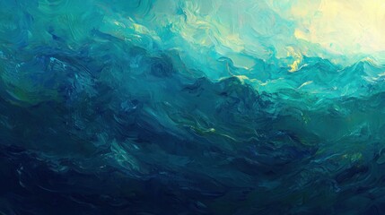 Abstract textured painting depicting deep teal waves.