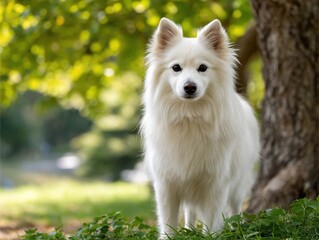Fluffy white dog in serene nature