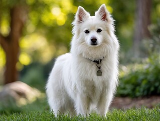 Fluffy white dog in sunlit meadow