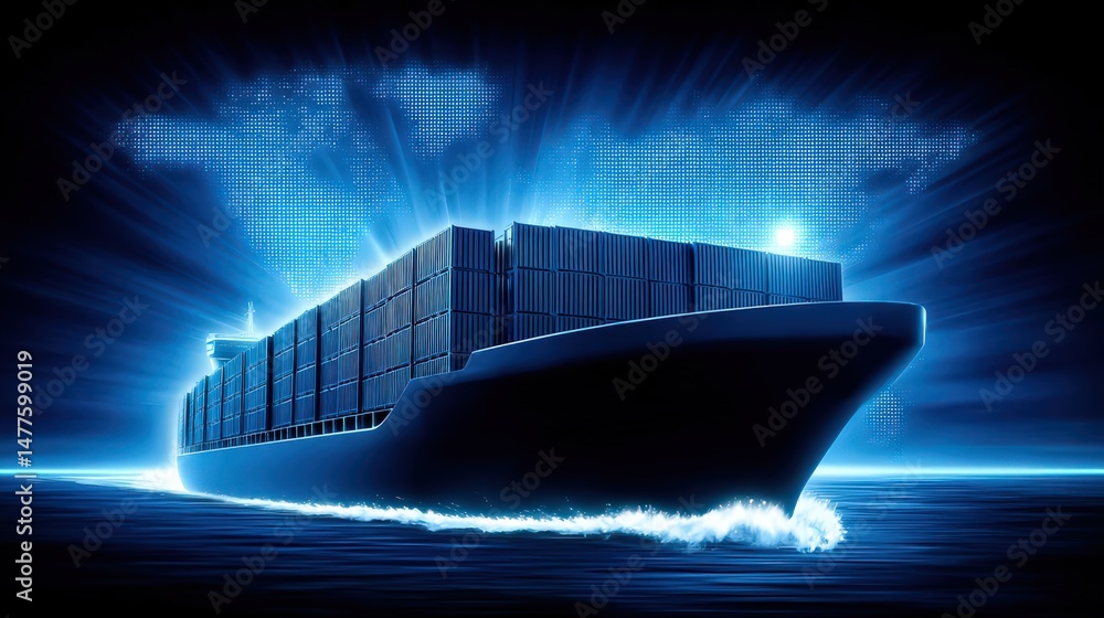 Poster advanced cargo ship navigating through digital waters while illuminated by bright blue lighting and 