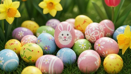 Fototapeta premium Colorful Easter eggs and spring flowers