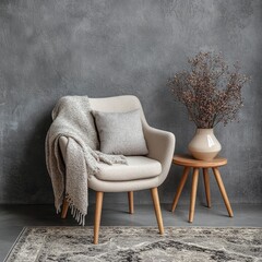 Cozy living room corner featuring a stylish armchair draped with a textured blanket. a decorative pillow. and a small wooden table with a potted plant. creating a warm atmosphere