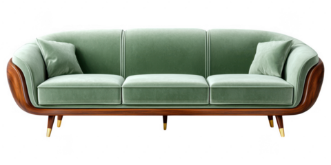 Elegant Sage Green Velvet Sofa with Mid Century Modern Wooden Frame and Gold Legs