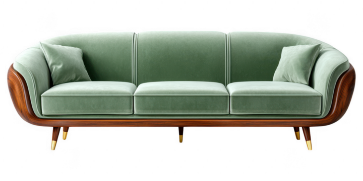 Elegant Sage Green Velvet Sofa with Mid Century Modern Wooden Frame and Gold Legs