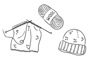 Hand drawn knitting set with wool yarn ball, needles, knitted fabric and winter hat. Concept of handmade crafts, cozy hobbies and warm clothing in minimalist sketch style